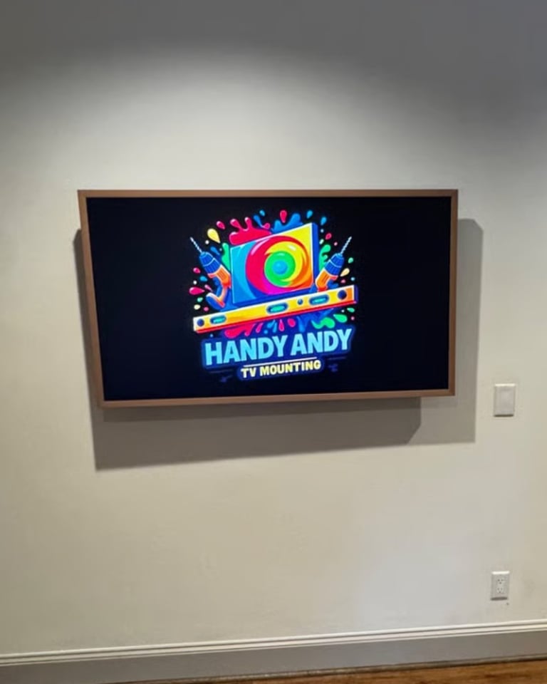 Wall-mounted Samsung Frame TV displaying the Handy Andy TV Mounting logo on a light beige wall