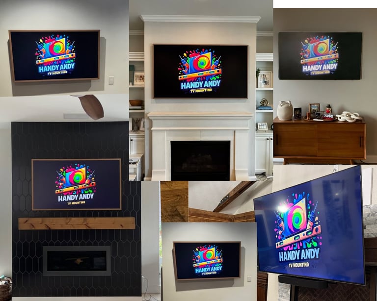 Collage showing Handy Andy Retro arcade logo displayed on multiple TV screens in different home entertainment setups