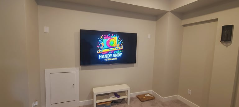 Unfinished basement room with mounted flat-screen TV displaying a colorful game show logo, white shelving unit, and cardboard boxes on floor