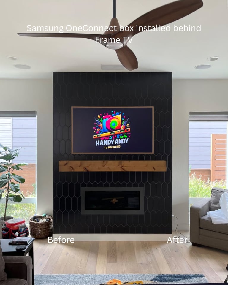 Modern living room with wall-mounted TV displaying colorful content above black fireplace with wooden mantle, dark accent wall, ceiling fan visible above