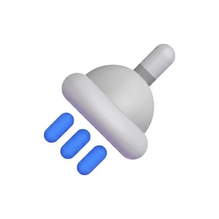 3D icon of a plunger with blue motion lines indicating suction or cleaning action