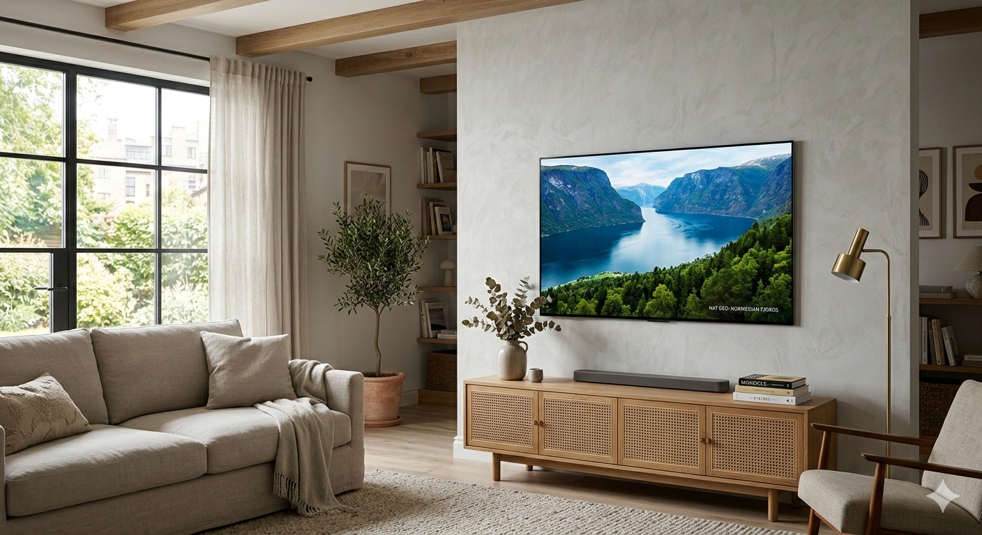 Modern living room with a large flat-screen TV creating an immersive home theater experience