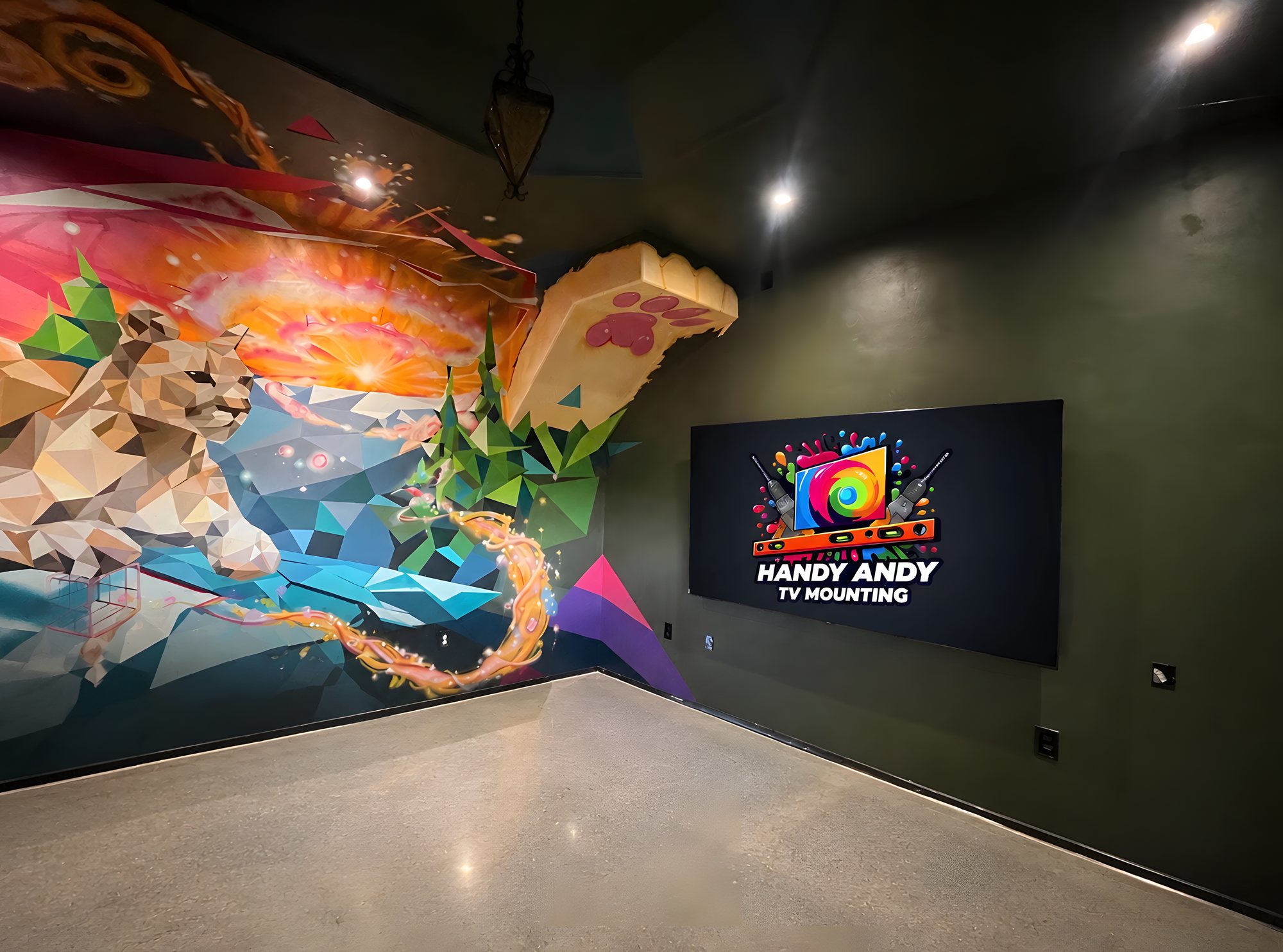 TV mounted on a dark green wall beside a large colorful mural, showing the Handy Andy logo