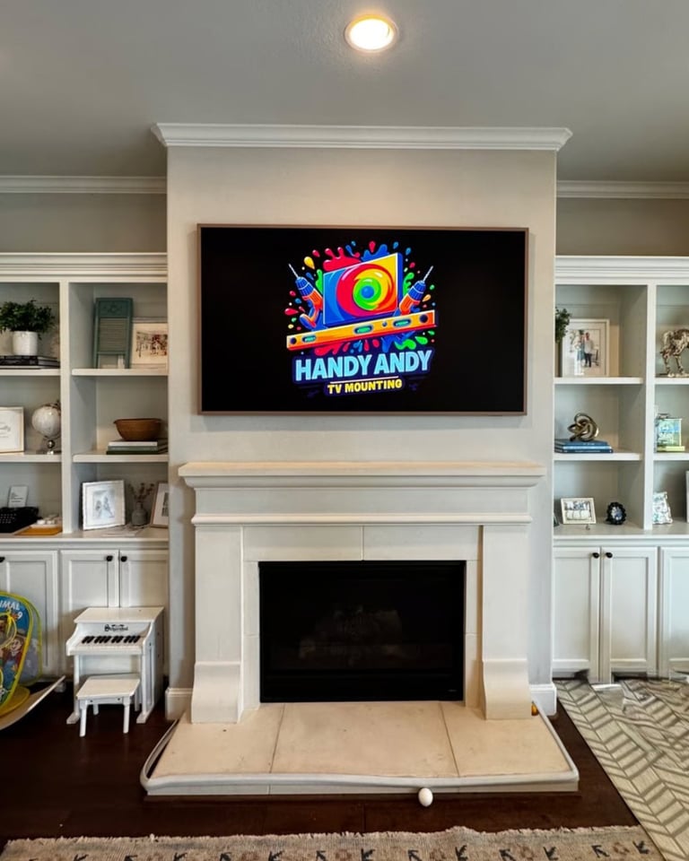 Flat-screen TV mounted above a white fireplace with built-in shelving in a modern living room