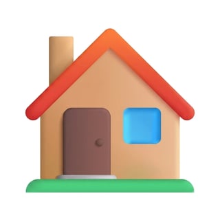 Simple 3D illustration of a beige house with a red roof, brown door, blue window, and green base