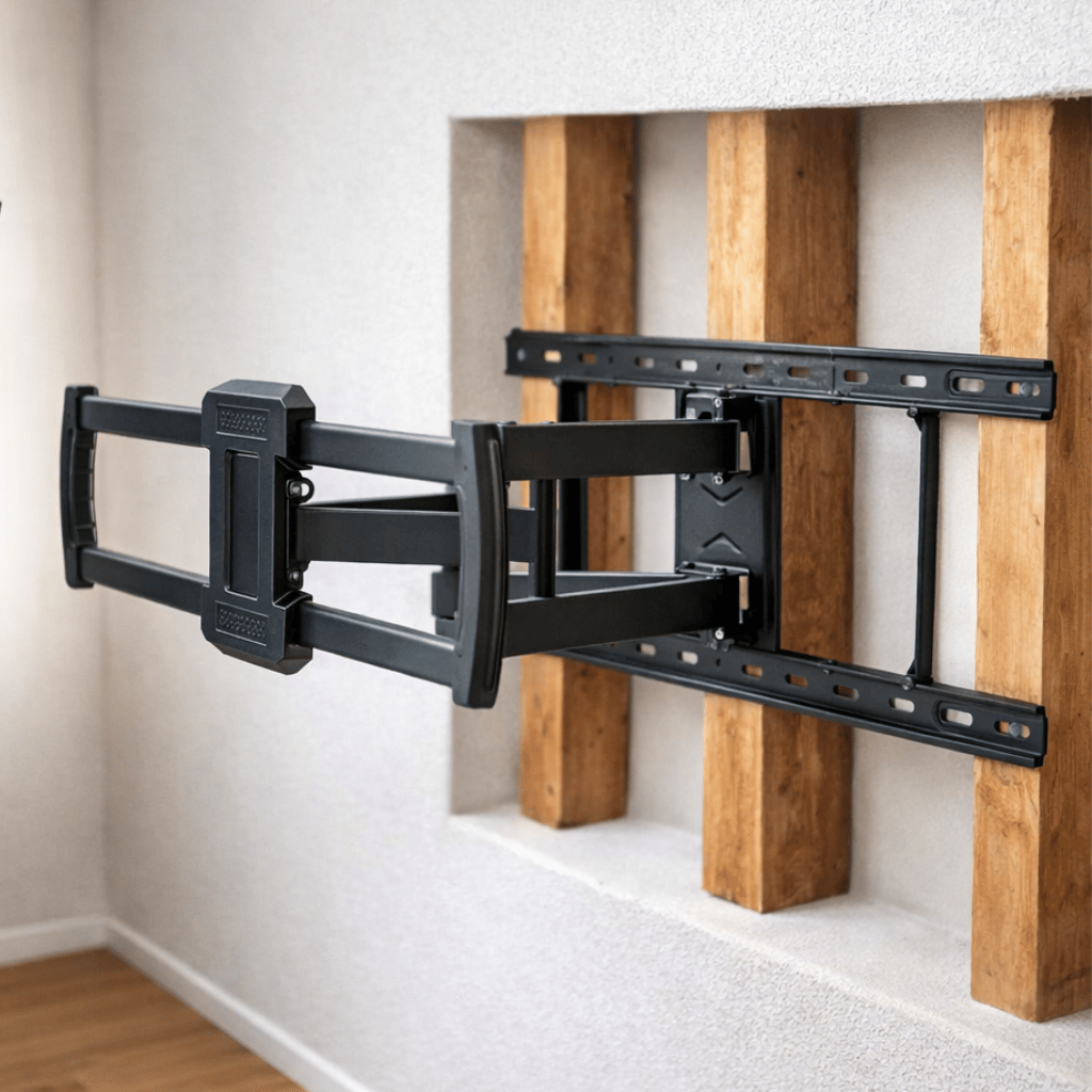 Full-motion TV bracket bolted directly into wood studs