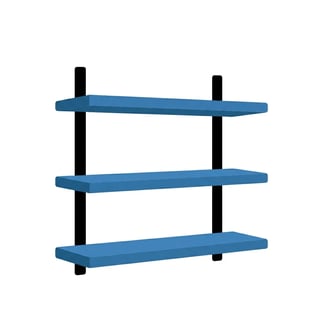 Three-tier wall-mounted shelving unit with blue shelves and black vertical supports