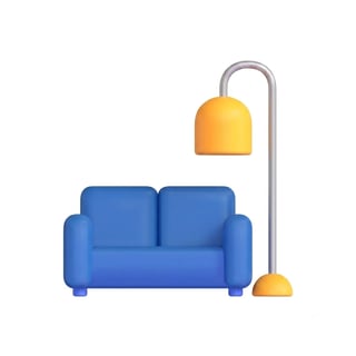 Blue couch with a yellow arc floor lamp, 3D illustration of modern living room furniture