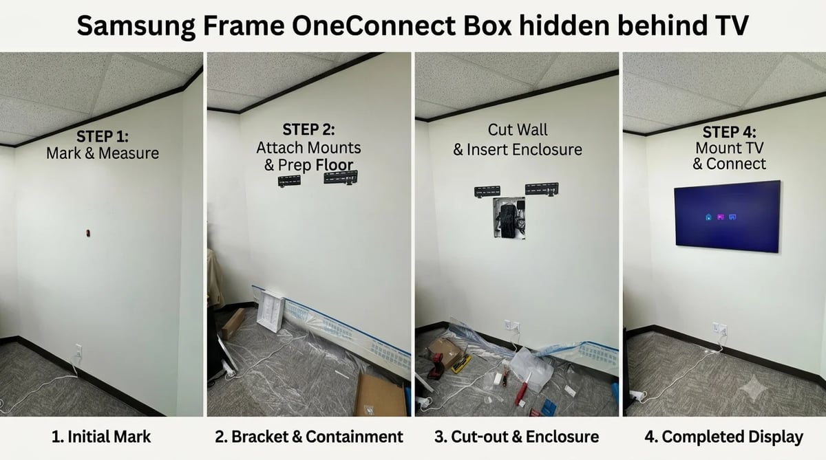 Step-by-step installation guide for Samsung Frame OneConnect Box mounted behind wall-mounted TV, showing marking, mounting, enclosure, and final connection steps
