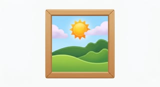 Illustration of a framed landscape showing rolling green hills, bright sun, and pink clouds in a blue sky