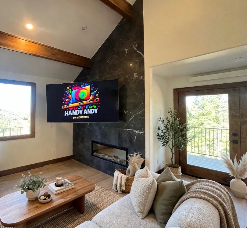 TV on a full-motion mount swung out beside a black marble fireplace wall in a Golden living room, showing the Handy Andy logo