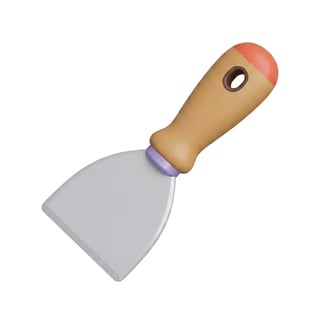 A putty knife with a wooden handle and gray metal blade, isolated on white background