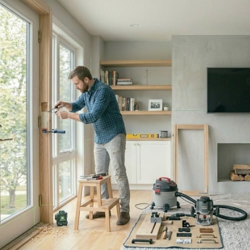 Man standing on wooden stool installing or adjusting wooden-framed French doors, with carpentry tools and equipment laid out on the floor