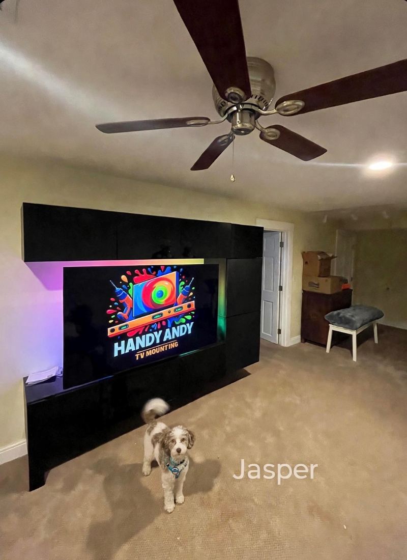 TV mounted inside a black wall unit with colorful LED backlighting in a carpeted room, with a fluffy puppy standing in front