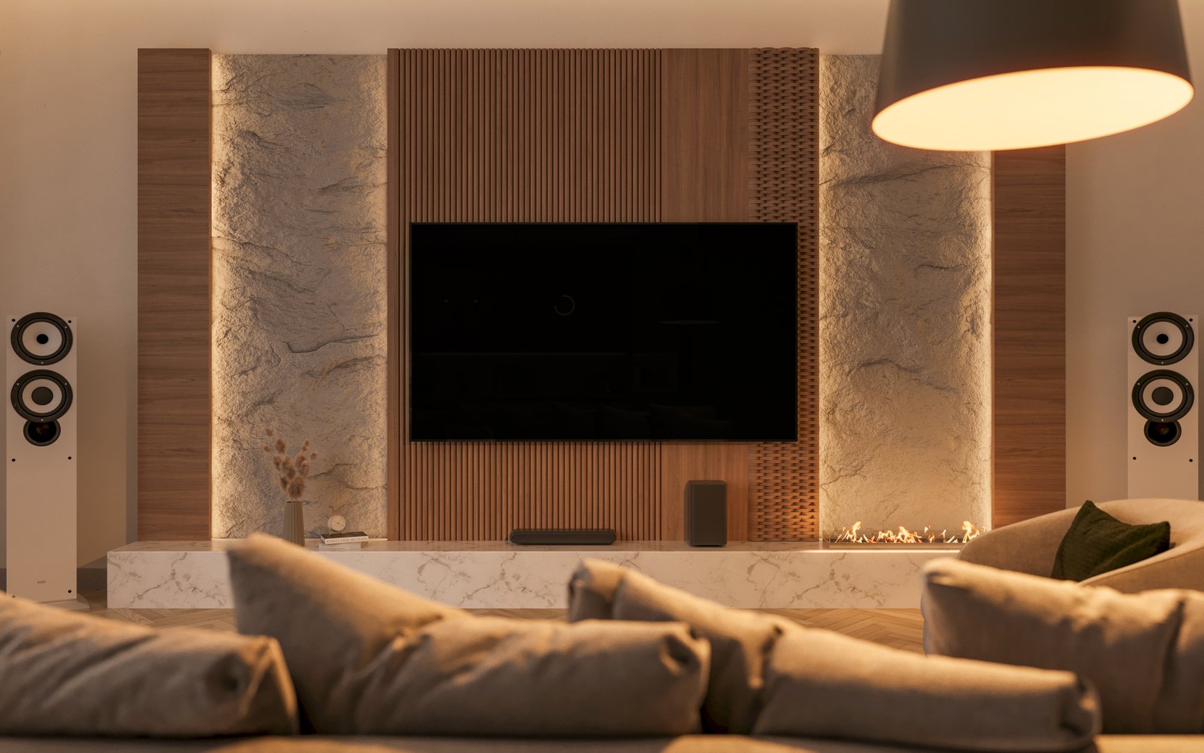 Contemporary living room with TV and speakers