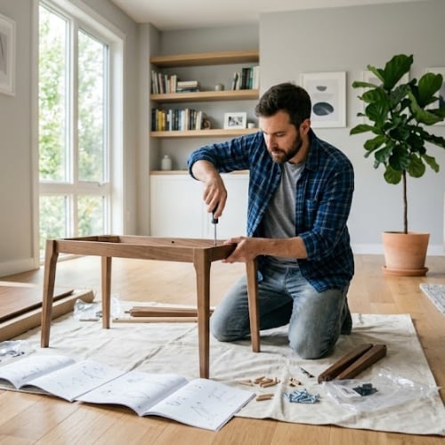 Man assembling wooden furniture with blueprints and tools on floor in bright, modern living room