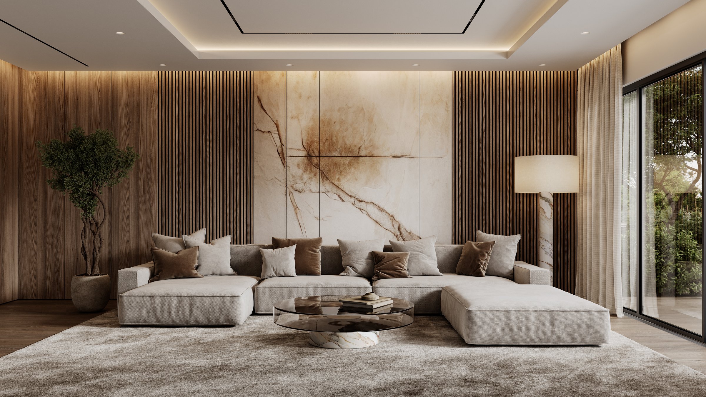 Contemporary interior with sofa, brown wood wall panels, plants, floor lamp, carpet, coffee table and decor. 3d render illustration mockup.