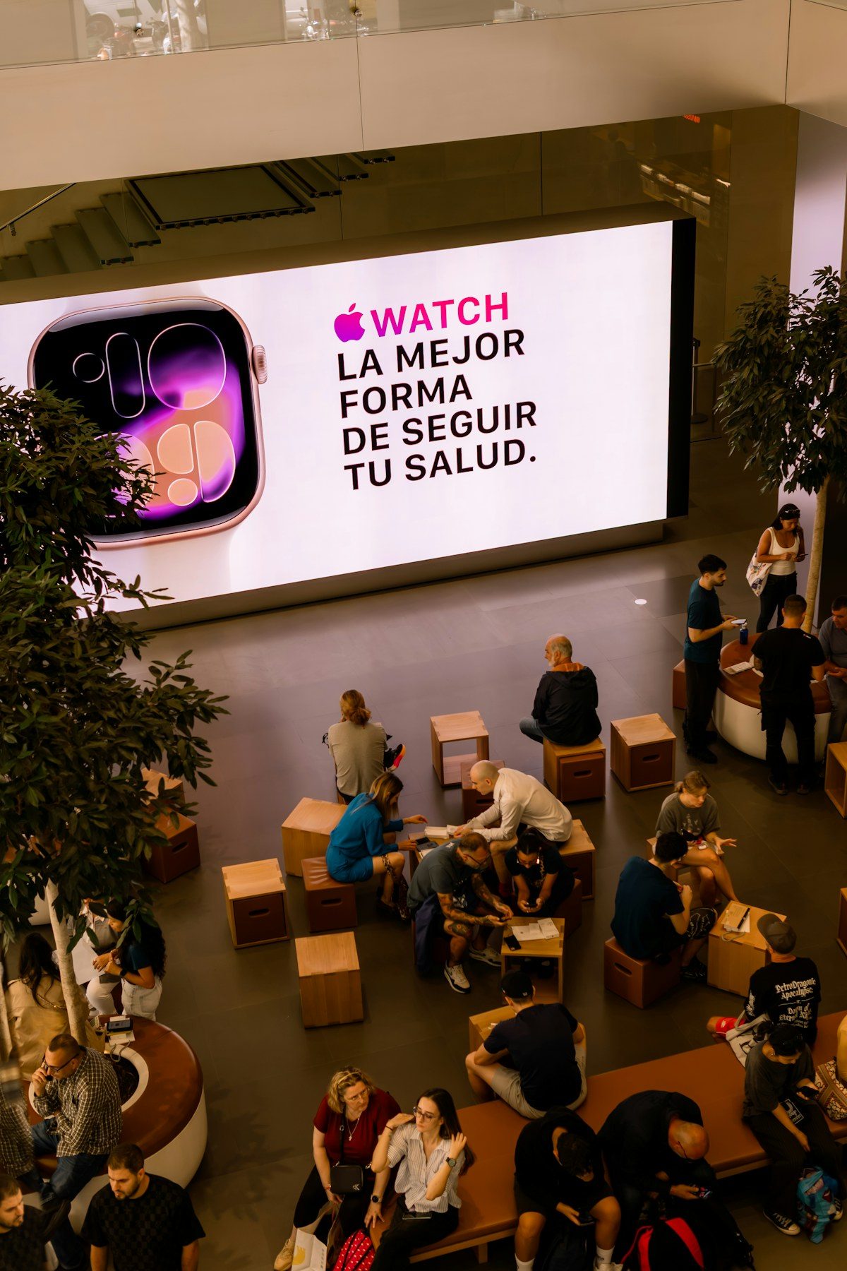 Store with a large screen display above the seating area