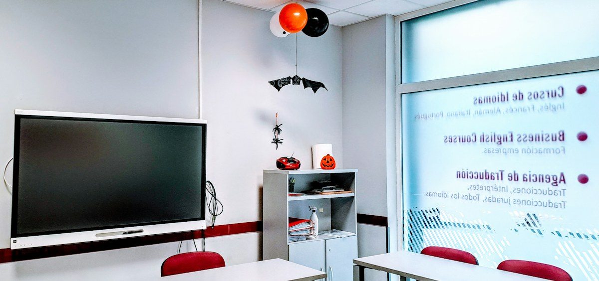Classroom with a large display mounted on the wall