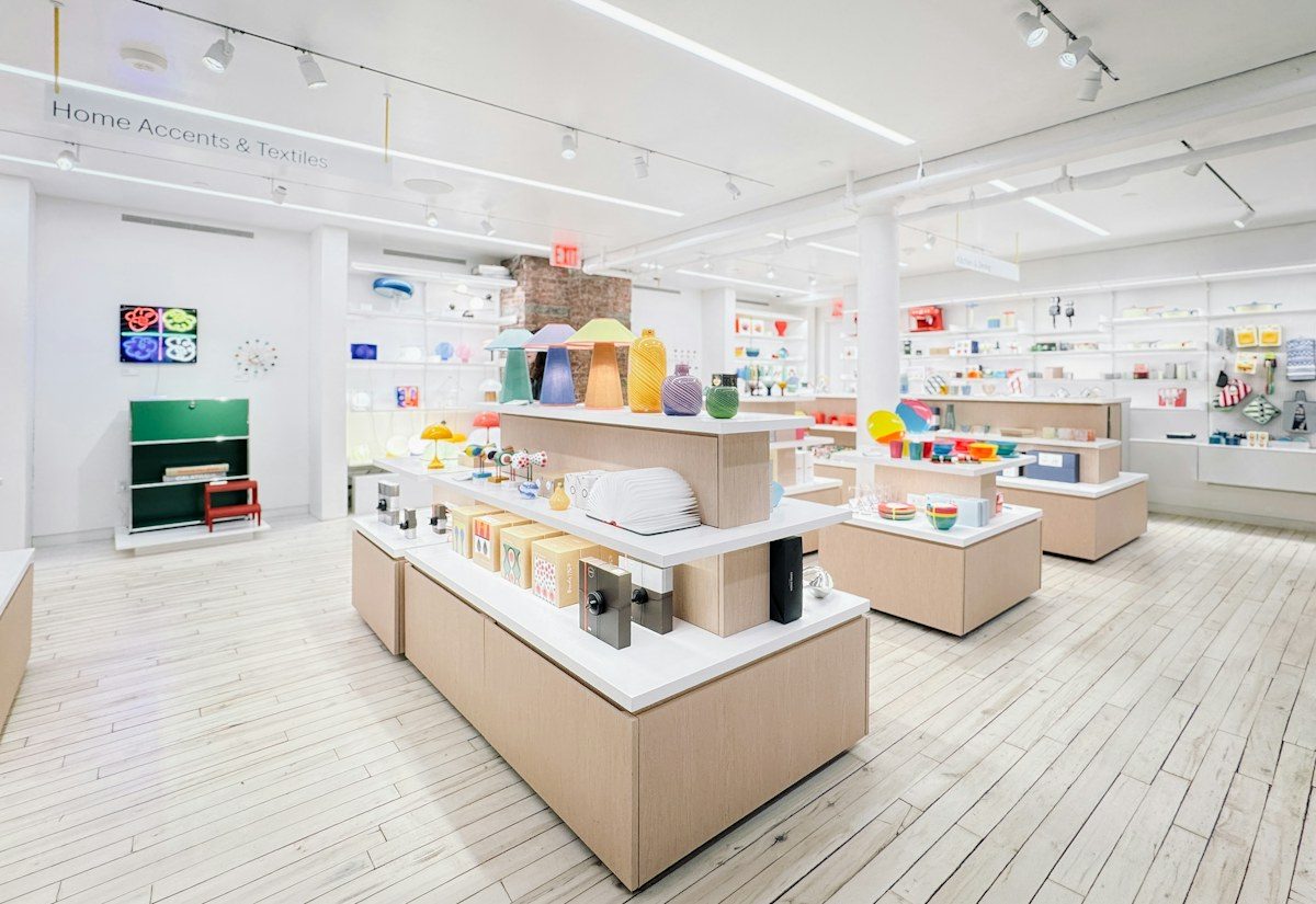 Bright retail store with display tables