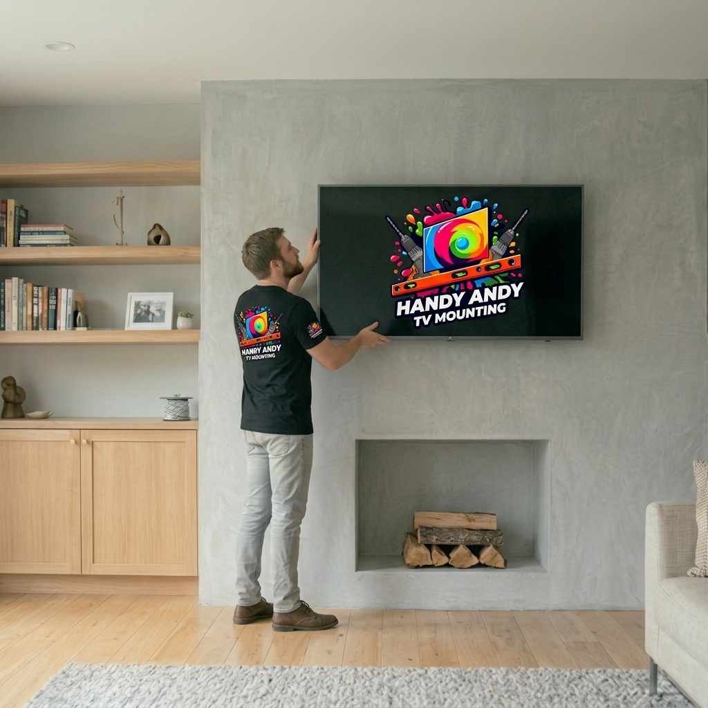 Handy Andy technician mounting a TV above a fireplace nook next to built-in shelving