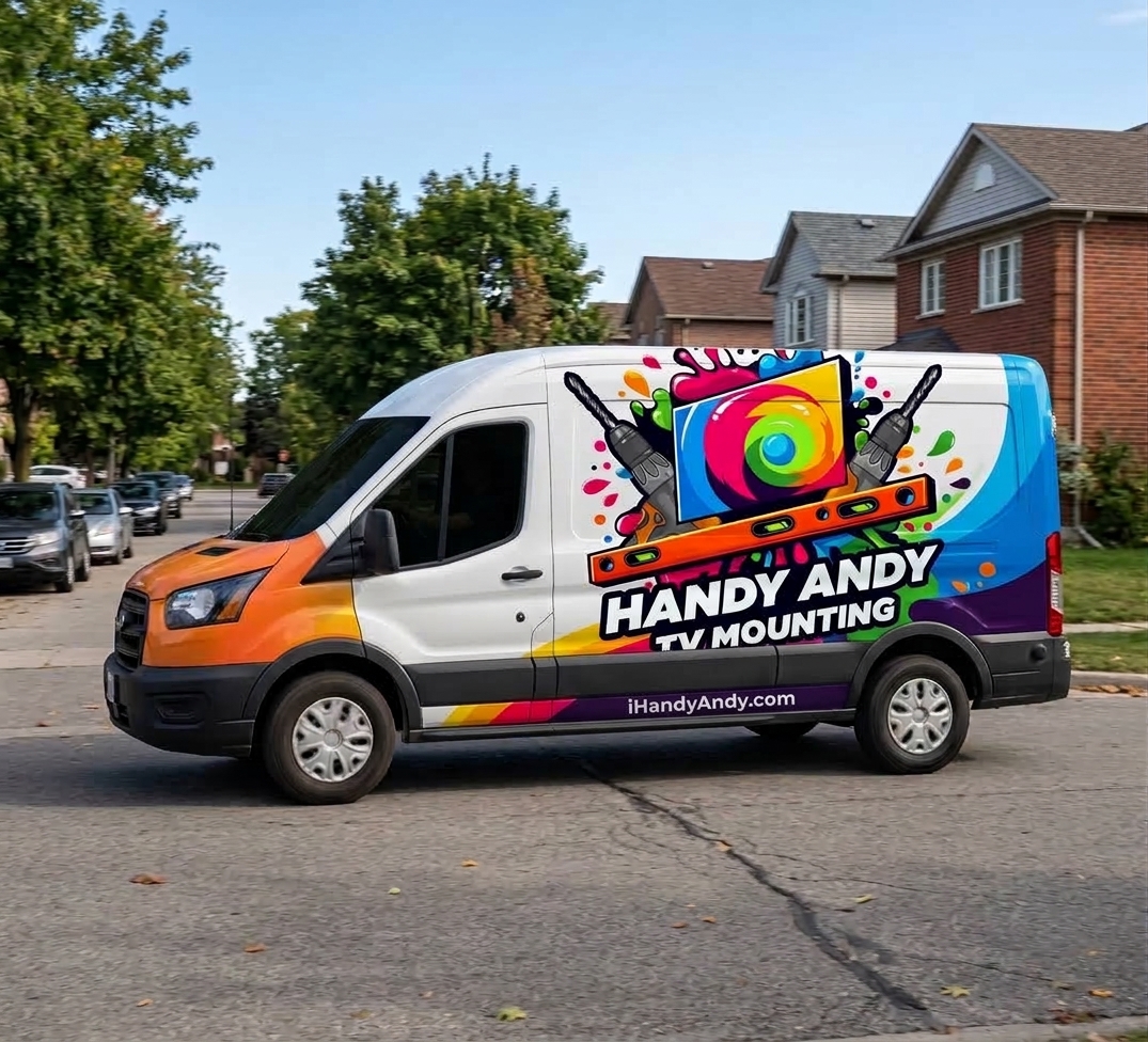 Handy Andy TV Mounting branded van arriving in a Houston neighborhood