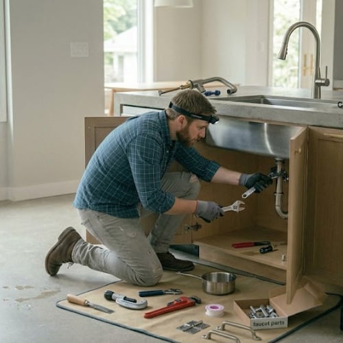 Plumber installing pipes under kitchen sink while kneeling with tools spread on floor