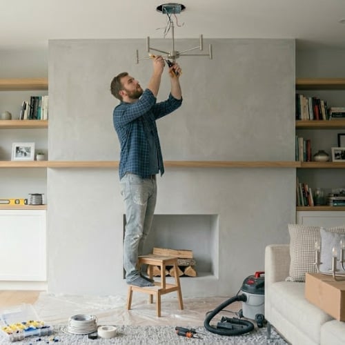 Man in blue plaid shirt standing on wooden chair, installing ceiling light fixture in modern living room
