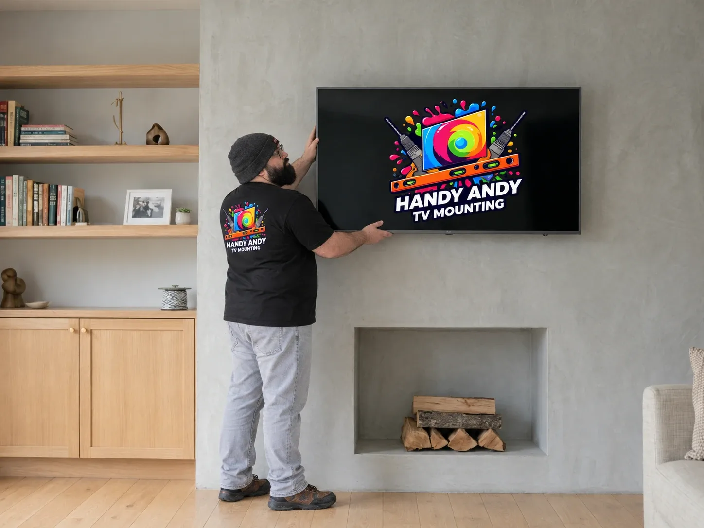 Juan from Handy Andy mounting a TV above a fireplace next to built-in shelving