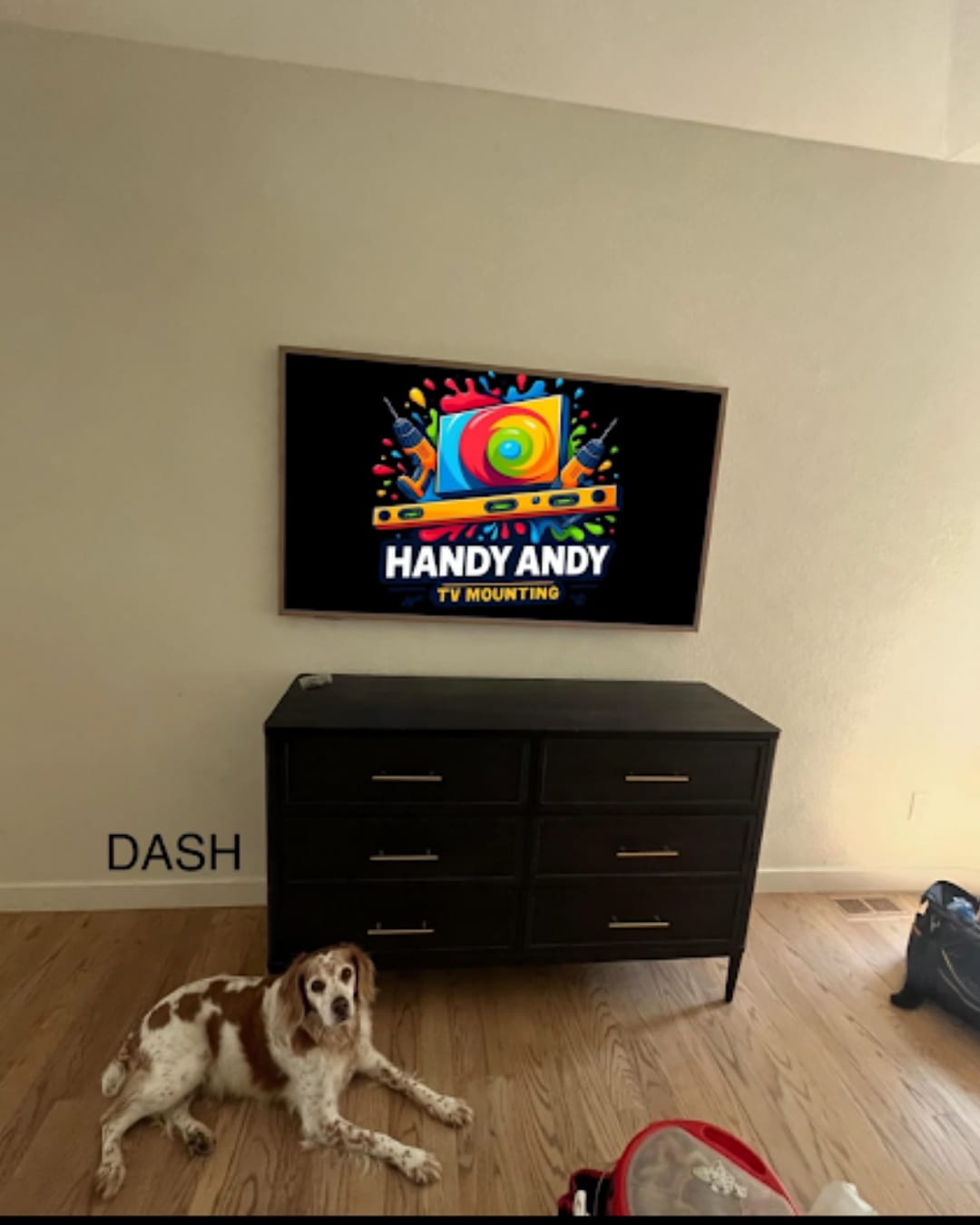 TV mounted above a dresser in a bedroom with a dog on the floor, screen displaying the Handy Andy TV Mounting logo